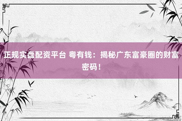 正规实盘配资平台 粤有钱：揭秘广东富豪圈的财富密码！